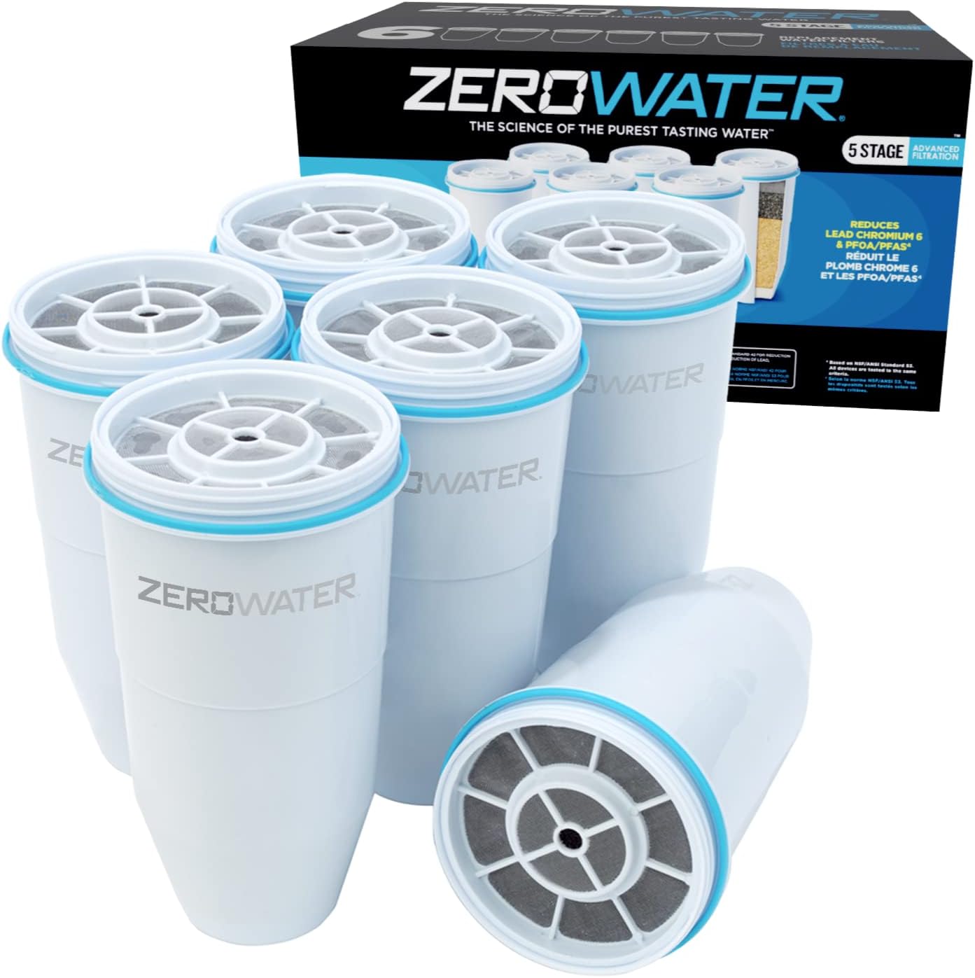 ZeroWater Official Replacement Filter - 5-Stage Filter Replacement 0 TDS for Improved Tap Water Taste - NSF Certified to Reduce Lead. Chromium. and PFOA/PFOS. 6-Pack