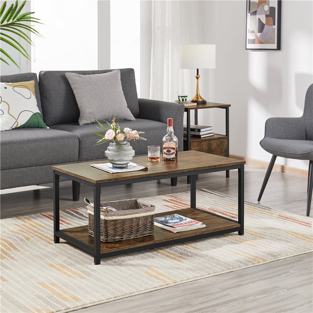 Alden Design Industrial Coffee Table with Storage Shelf. Rustic Brown