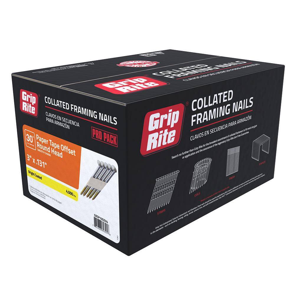 Grip-Rite GRSP10DZH4 3 in. x 0.131 in. 30-Degree Paper Brite Coated Smooth Shank Round Head Nails (4.000 Per Pack)