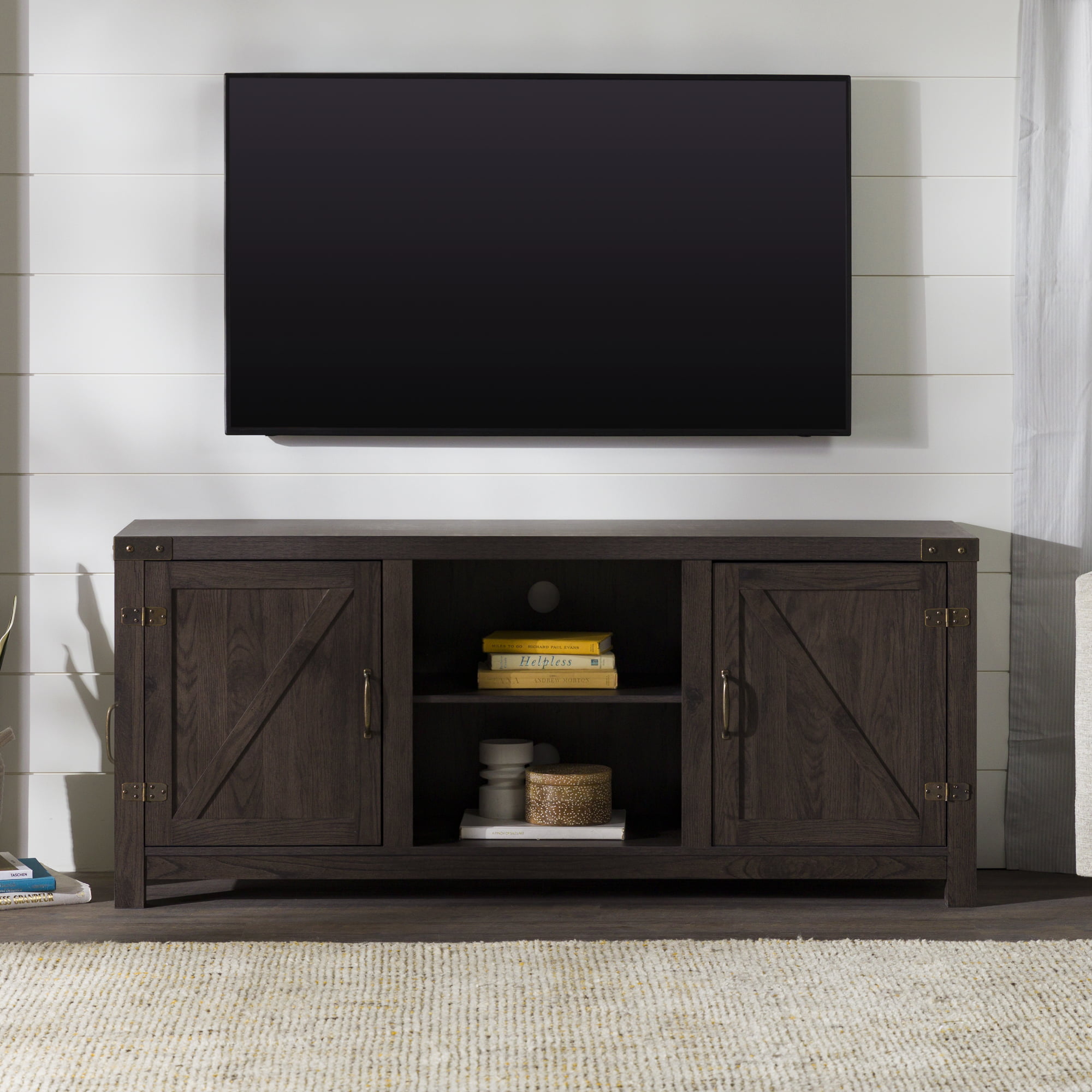 Woven Paths Modern Farmhouse Barn Door TV Stand for TVs up to 65″. Sable