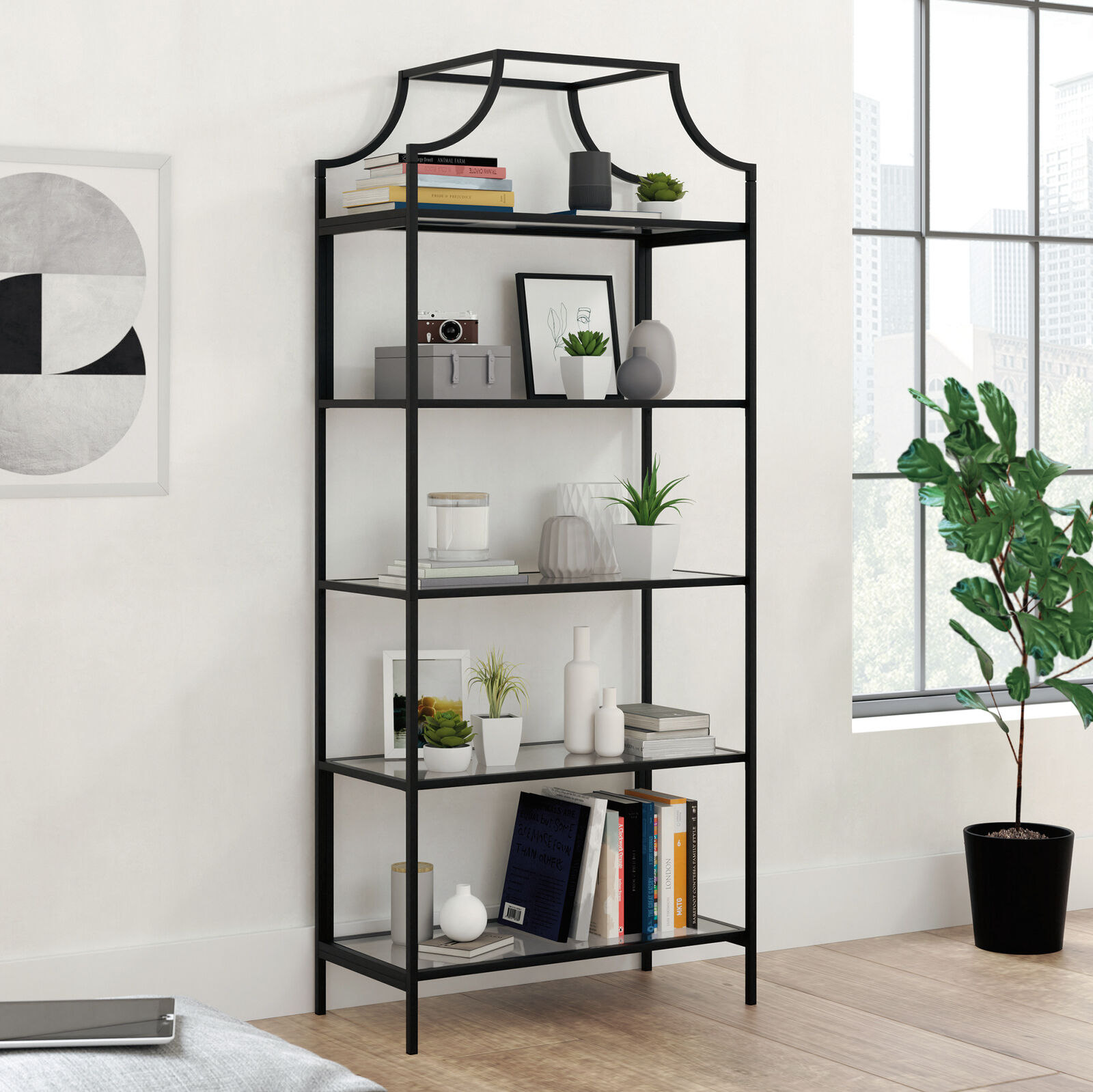SAUDER 425784 Harvey Park 70.866 in.H Black Metal 5-Shelf Bookcase with Glass Shelves