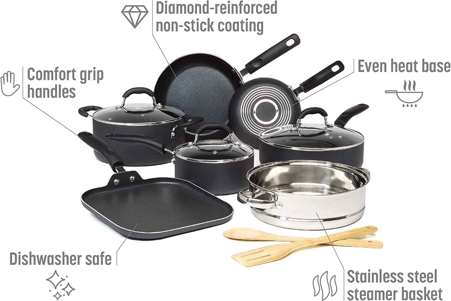 Goodful Cookware Set with Premium Non-Stick Coating. Dishwasher Safe Pots and Pans. Tempered Glass Steam Vented Lids. Stainless Steel Steamer. and Bamboo Cooking Utensils Set. 12-Piece. Charcoal Gray