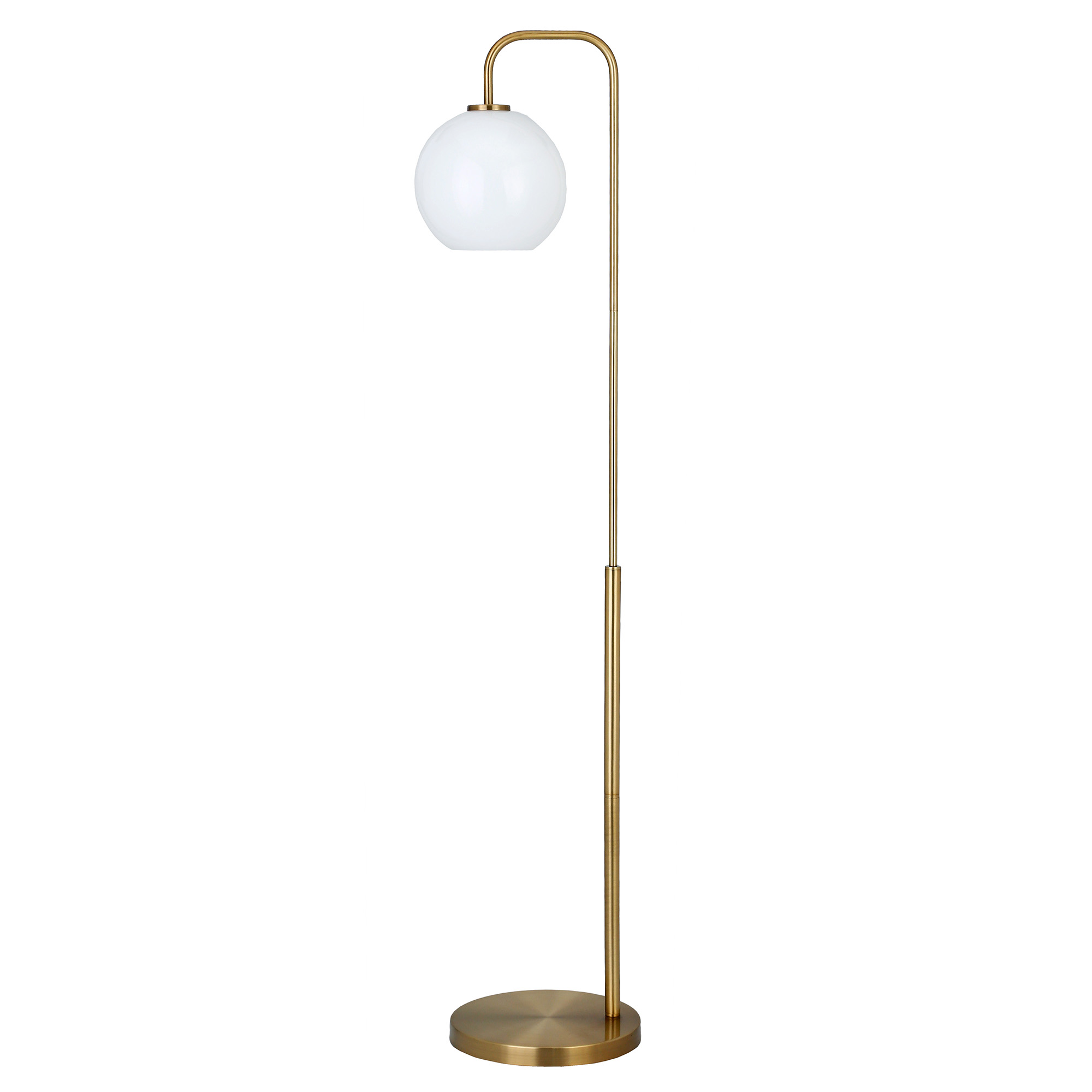Evelyn&Zoe Harrison Mid-Century Modern Arc Floor Lamp. Brass and Milk Glass