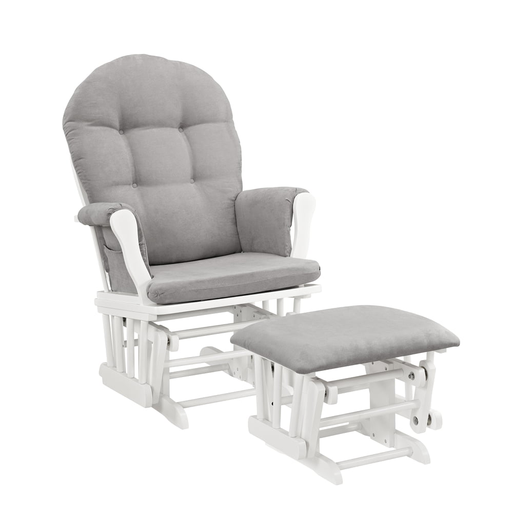 Angel Line Windsor Glider and Ottoman. White Finish with Gray Cushions