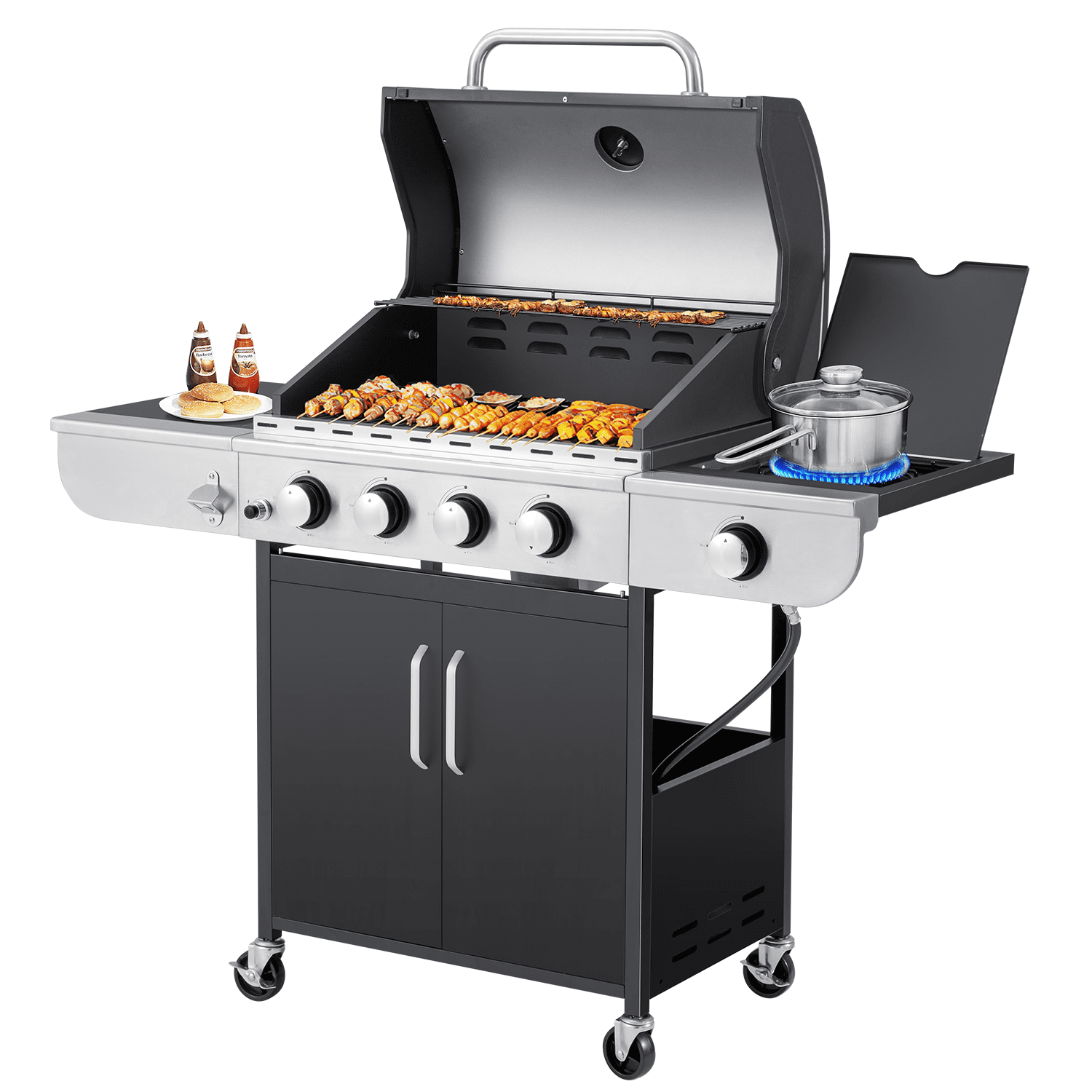 Yoleny 4 Burner BBQ Propane Gas Grill .24.000/36.000 BTU Stainless Steel with Stove and Side Table
