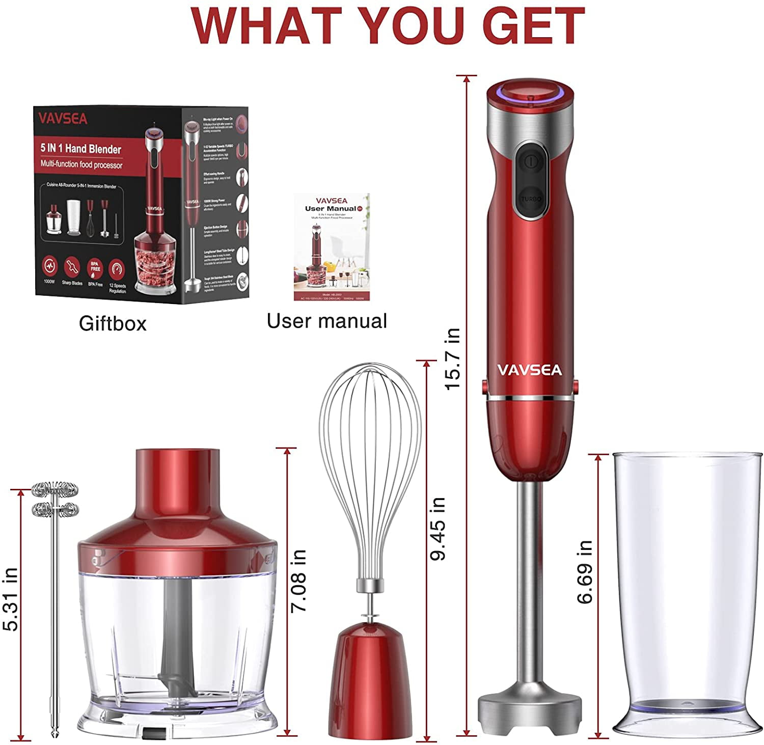 VAVSEA 1000W 5-in-1 Immersion hand Blender. 12 Speed Stick Blender with Mixing Beaker (22oz) 304 Stainless Steel with Chopper Bowl. Milk Frother. Egg Whisk. 600ml Beaker