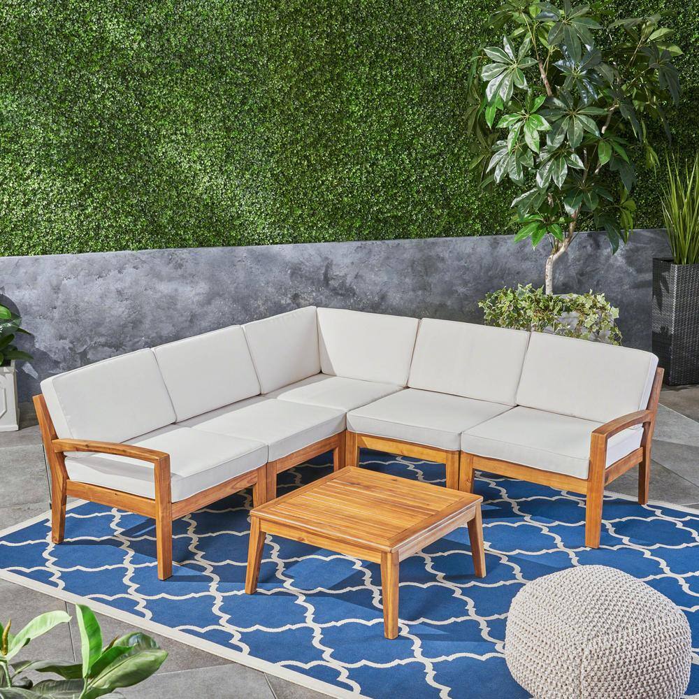 Noble House  Grenada Teak Brown 6-Piece Wood Patio Conversation Set with Beige Cushions