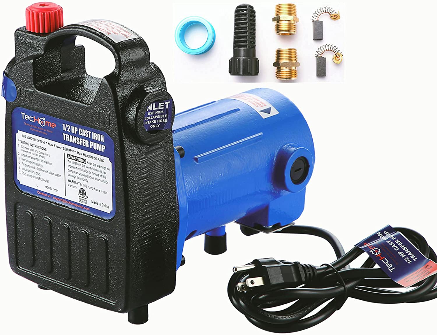 TecHome Water Transfer Pump. 120V 1/2 HP 1560GPH Cast Iron Portable Electric Utility Water Pump. High Pressure Transfer Pump with Suction Strainer and Brass Connectors.