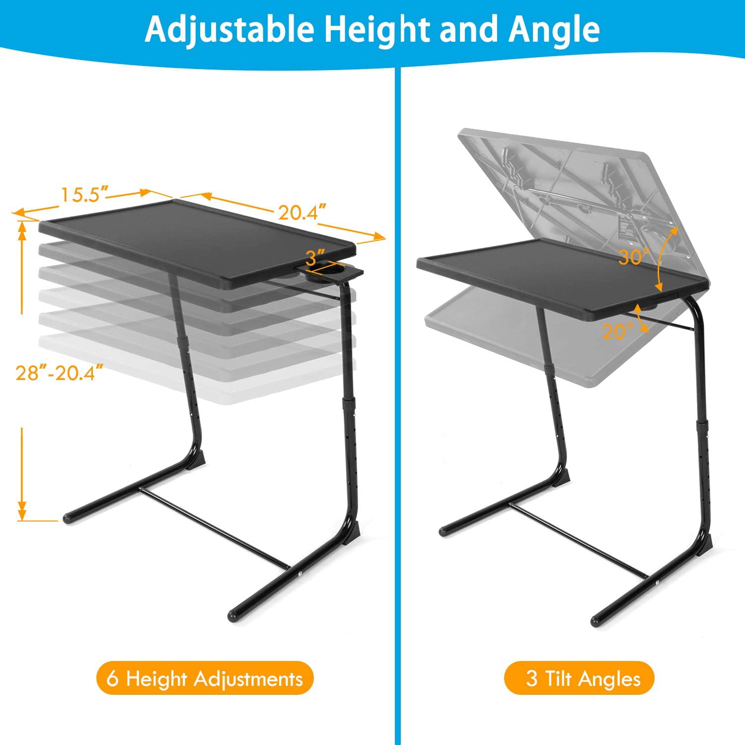 Adjustable TV Tray Folding Table Trays with 6 Height & 3 Tilt Angle & Cup Holder for Bed & Couch