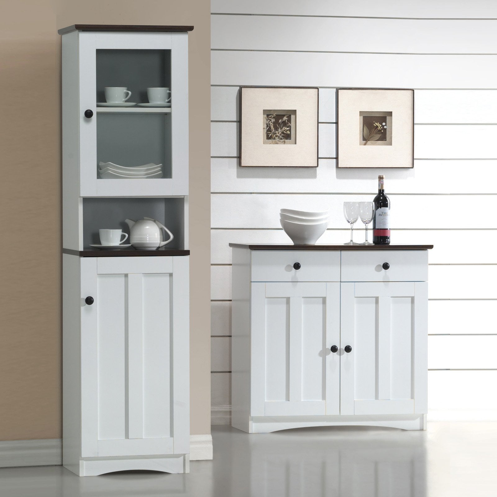 Baxton Studio Lauren Modern and Contemporary 2-Tone White and Dark Brown Buffet Kitchen Cabinet with 2 Doors and 2 Drawers