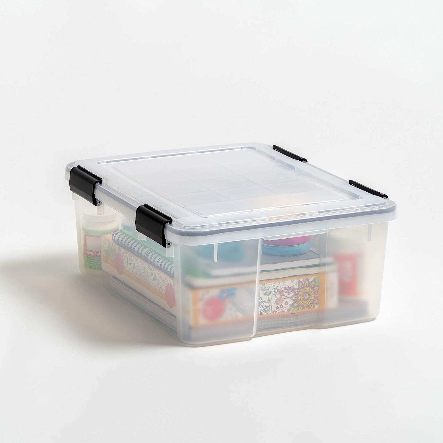 IRIS USA 30.6 Quart WEATHERPRO Plastic Storage Box with Durable Lid and Seal and Secure Latching Buckles. Weathertight. Clear with Black Buckles. 6 Pack