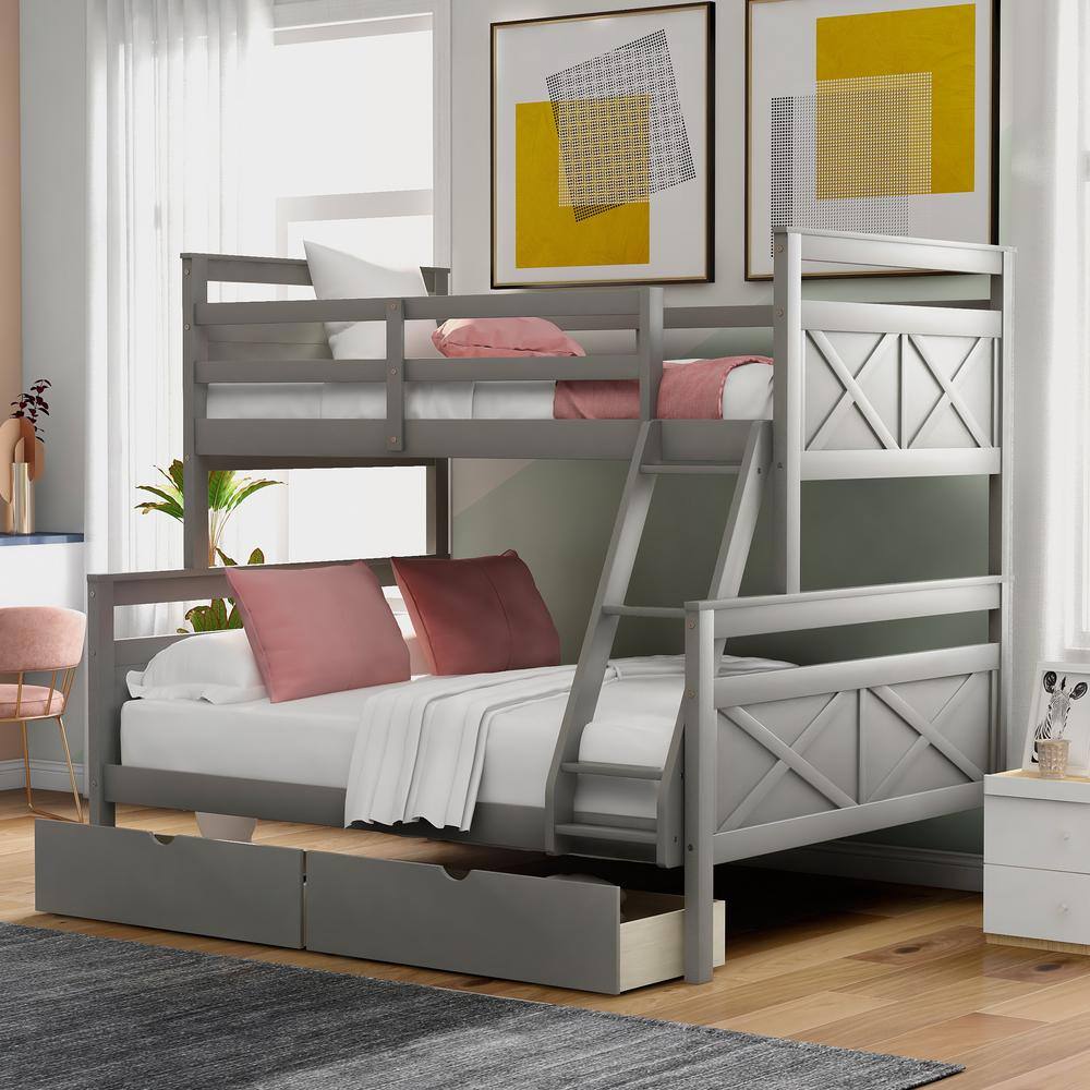 Harper & Bright Designs  Gray Twin Over Full Wood Bunk Bed with 2-Storage Drawers