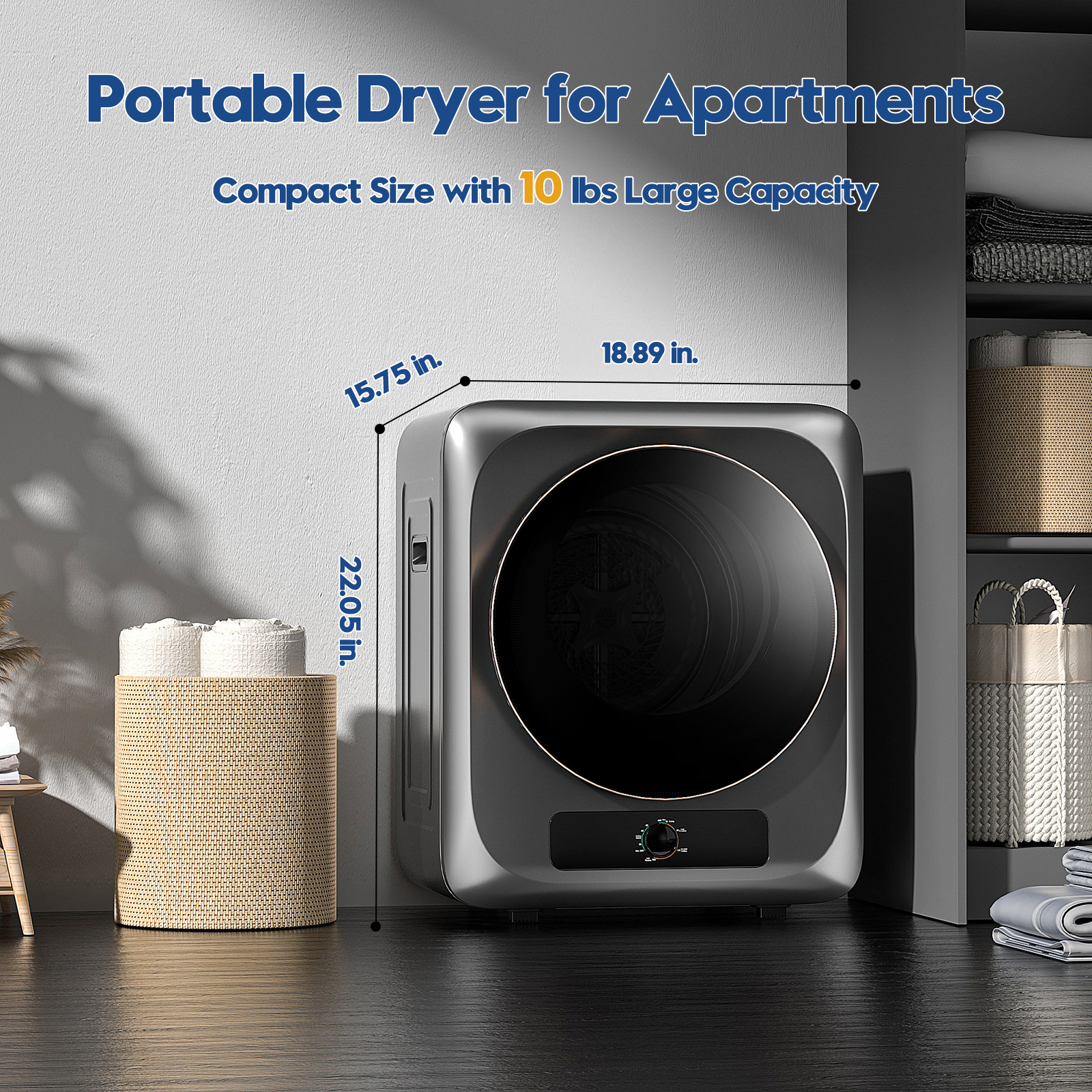 Auertech Electric Portable Tumble Compact Laundry Dryer with Stainless Steel Tub Grey