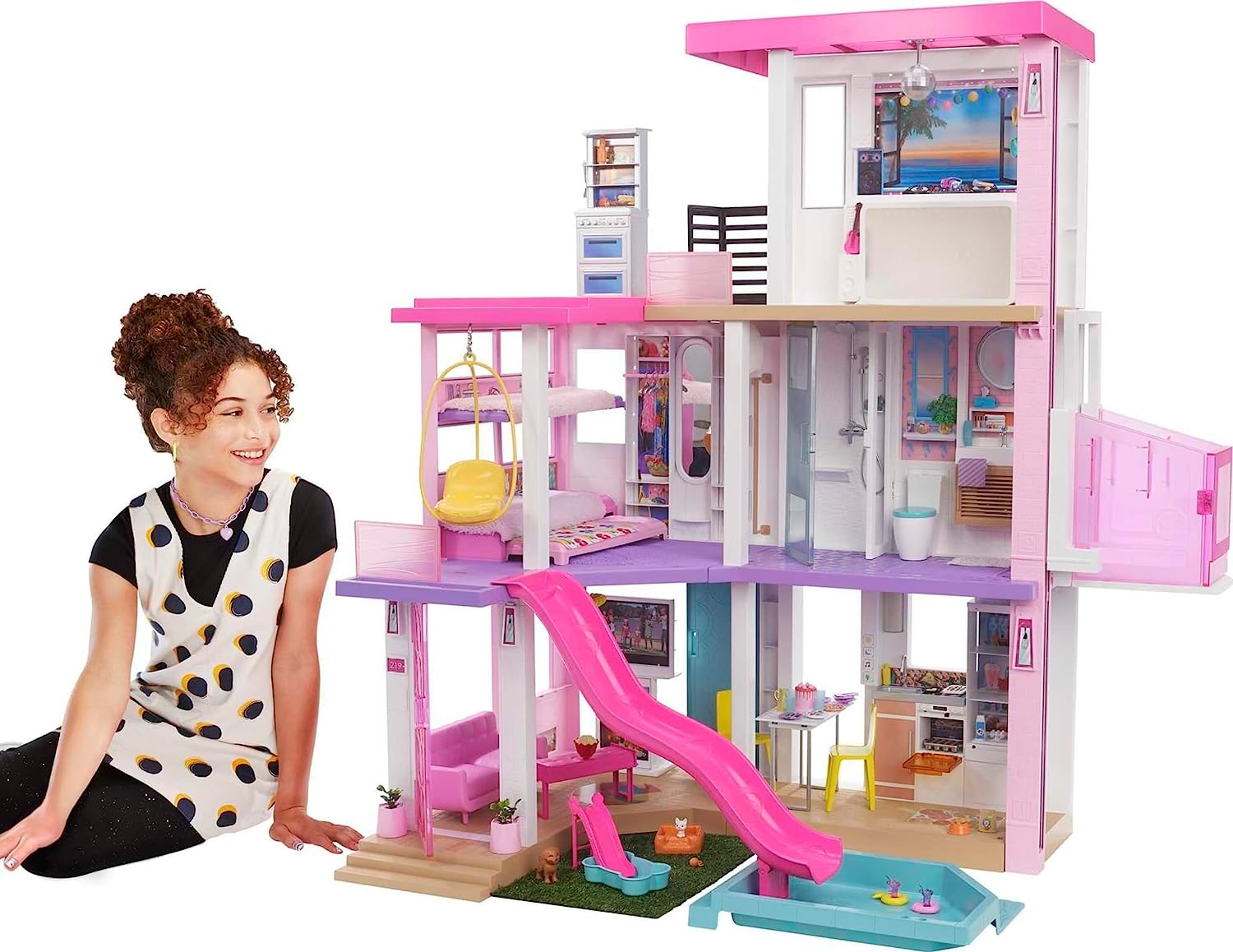 Barbie DreamHouse. Doll House Playset with 75+ Furniture & Accessories. 10 Play Areas. Lights & Sounds. Wheelchair-Accessible Elevator
