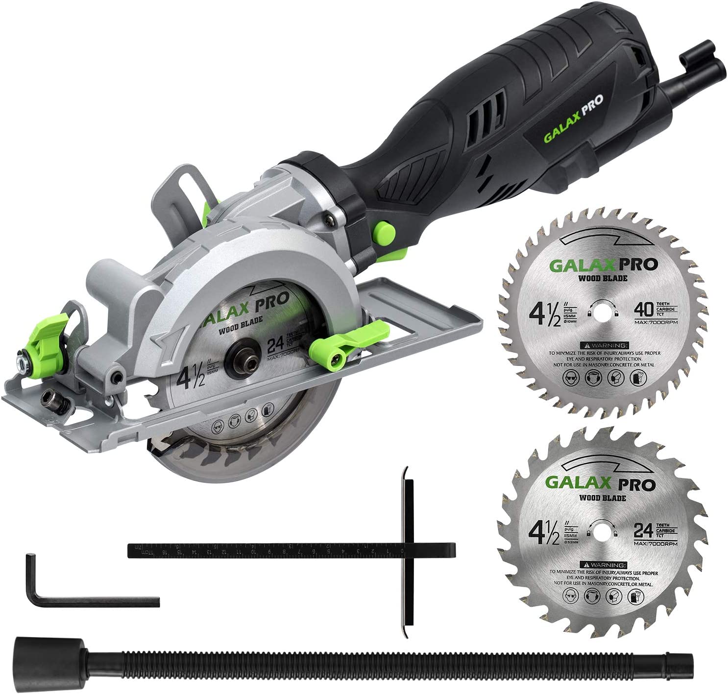 GALAX PRO 5.8 Amp 3500 RPM Circular Saw. Max. Cutting Depth 1-11/16″(90°).1-1/8″(45°Compact Saw with 4-1/2″ 24T and 40T TCT Blades. Vacuum Adapter. Blade Wrench. and Rip Guide