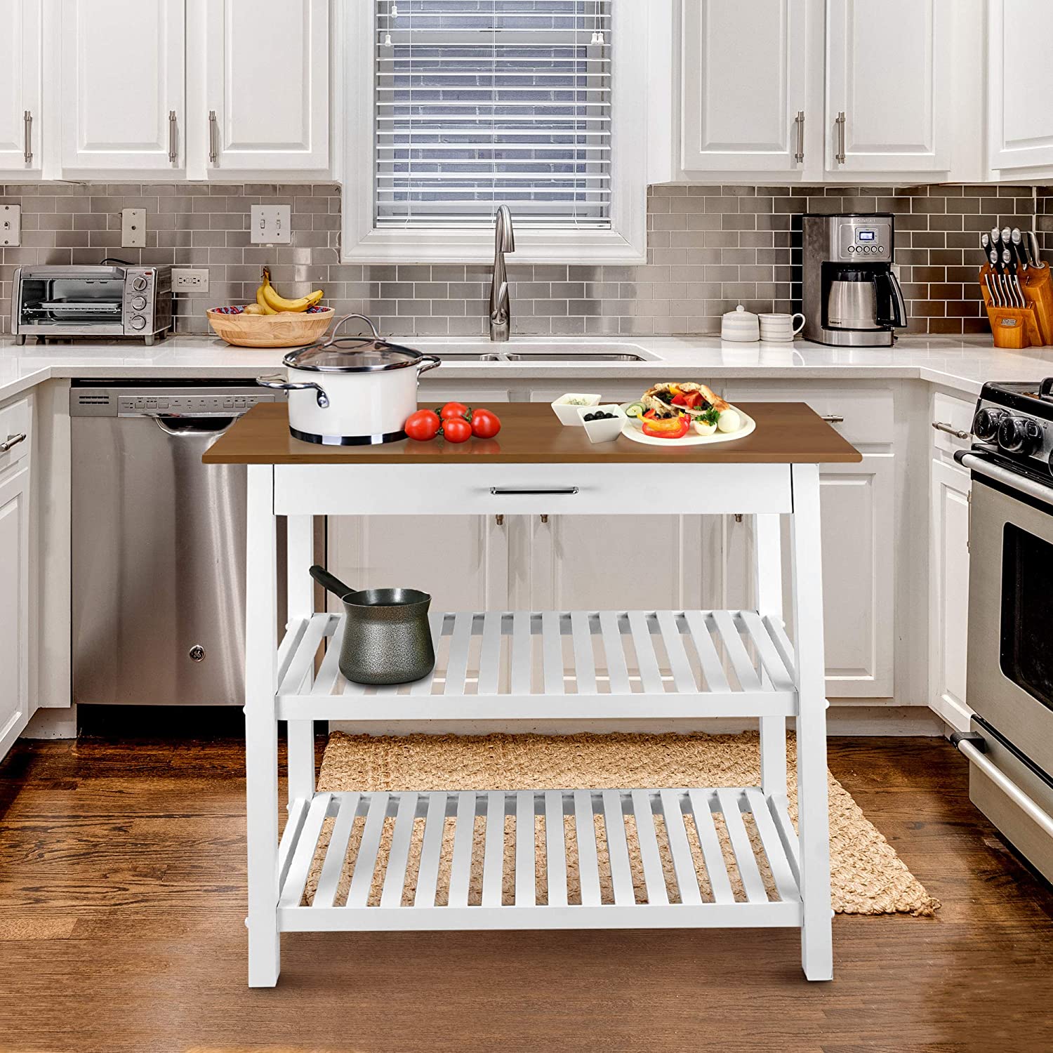 Casual Home Kitchen Island with Solid American Cherry Top. White & Cherry Natural