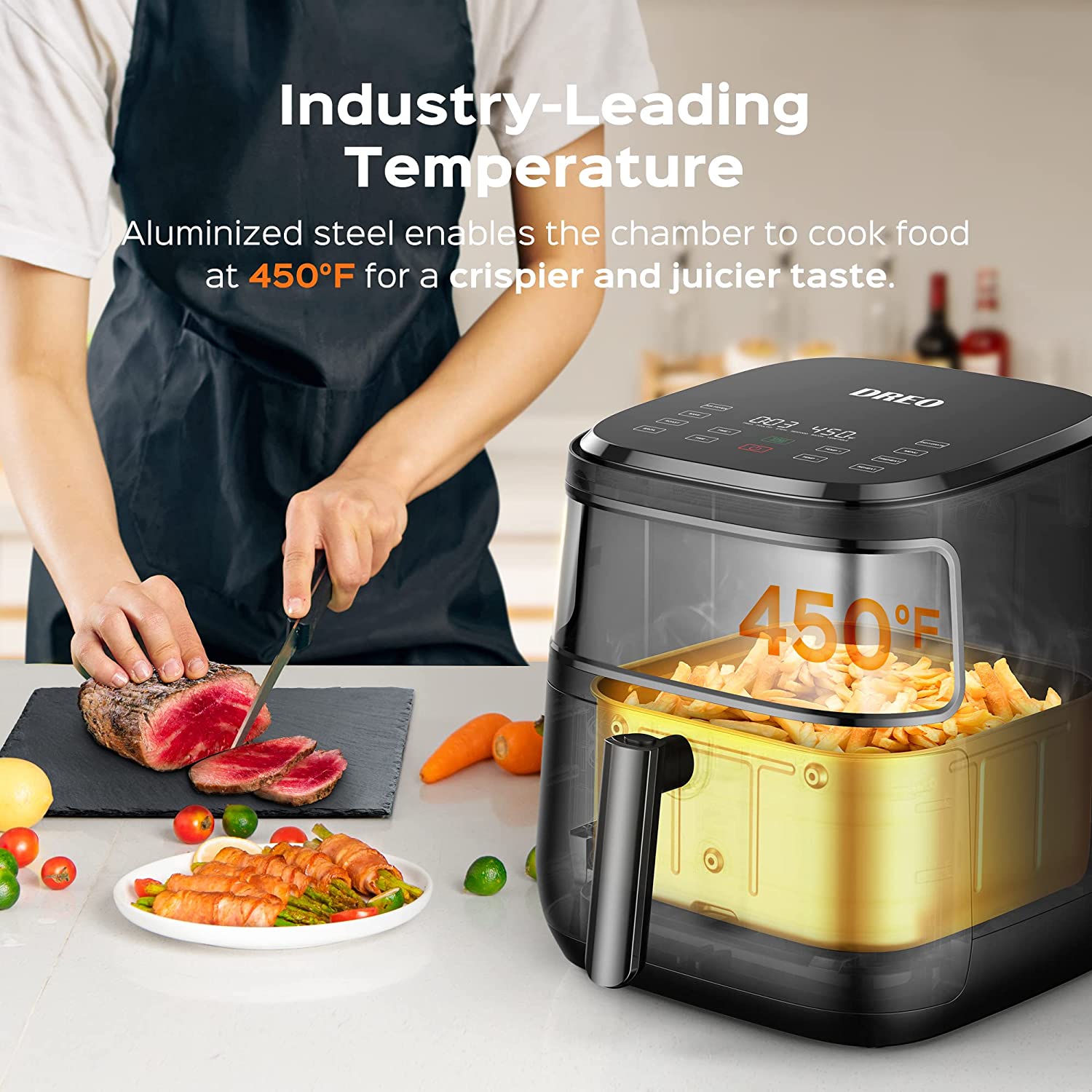 Dreo Air Fryer Pro Max. 11-in-1 Digital Air Fryer Oven Cooker with 100 Recipes. Visible Window. Supports Customerizable Cooking. 100℉ to 450℉. LED Touchscreen. Easy to Clean. Shake Reminder. 6.8QT