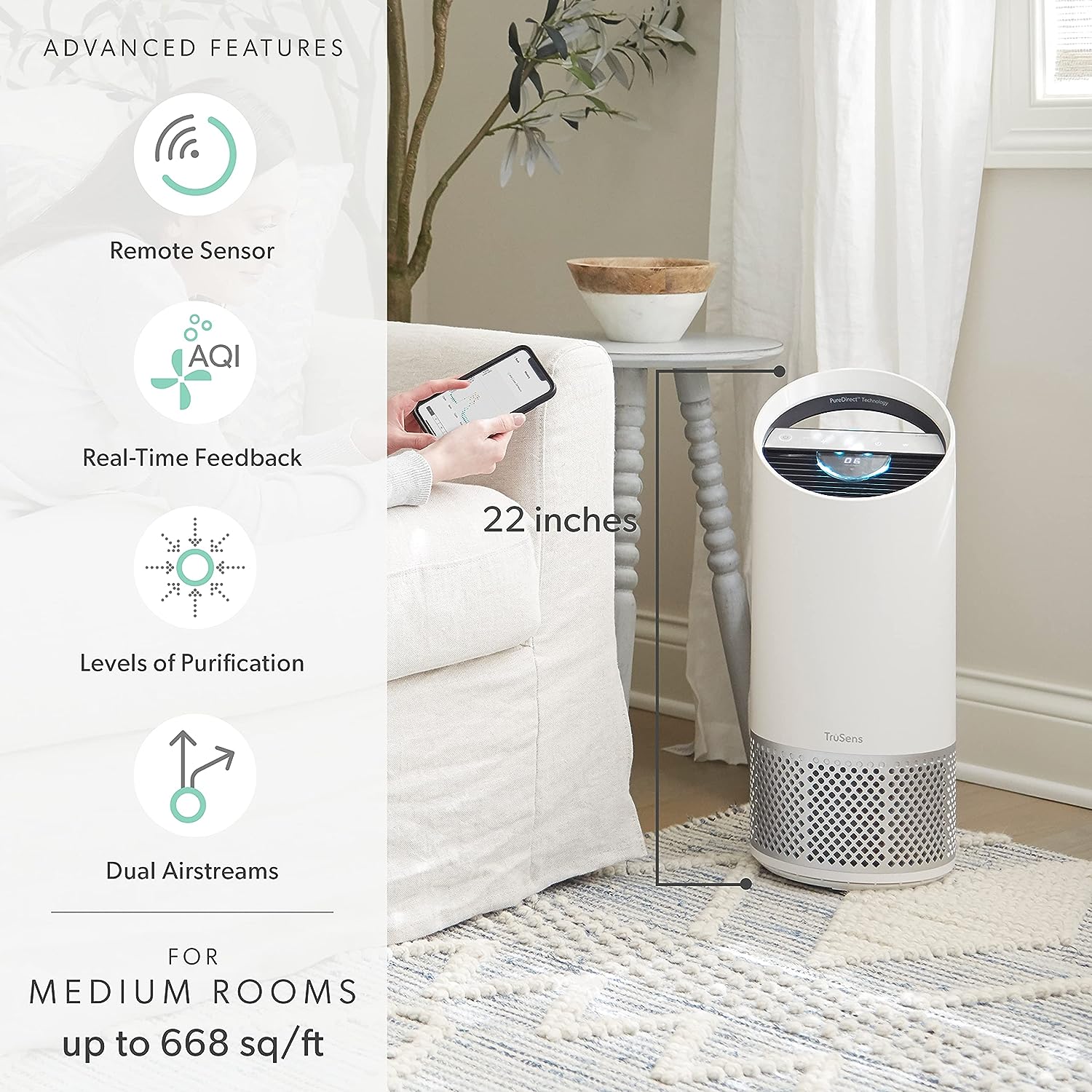 TruSens Air Purifier with UV-C Light + HEPA Filtration | Medium | SensorPod™ Air Quality Monitor | Auto. Sleep. & Turbo Mode | Touch Control | Portable Handle