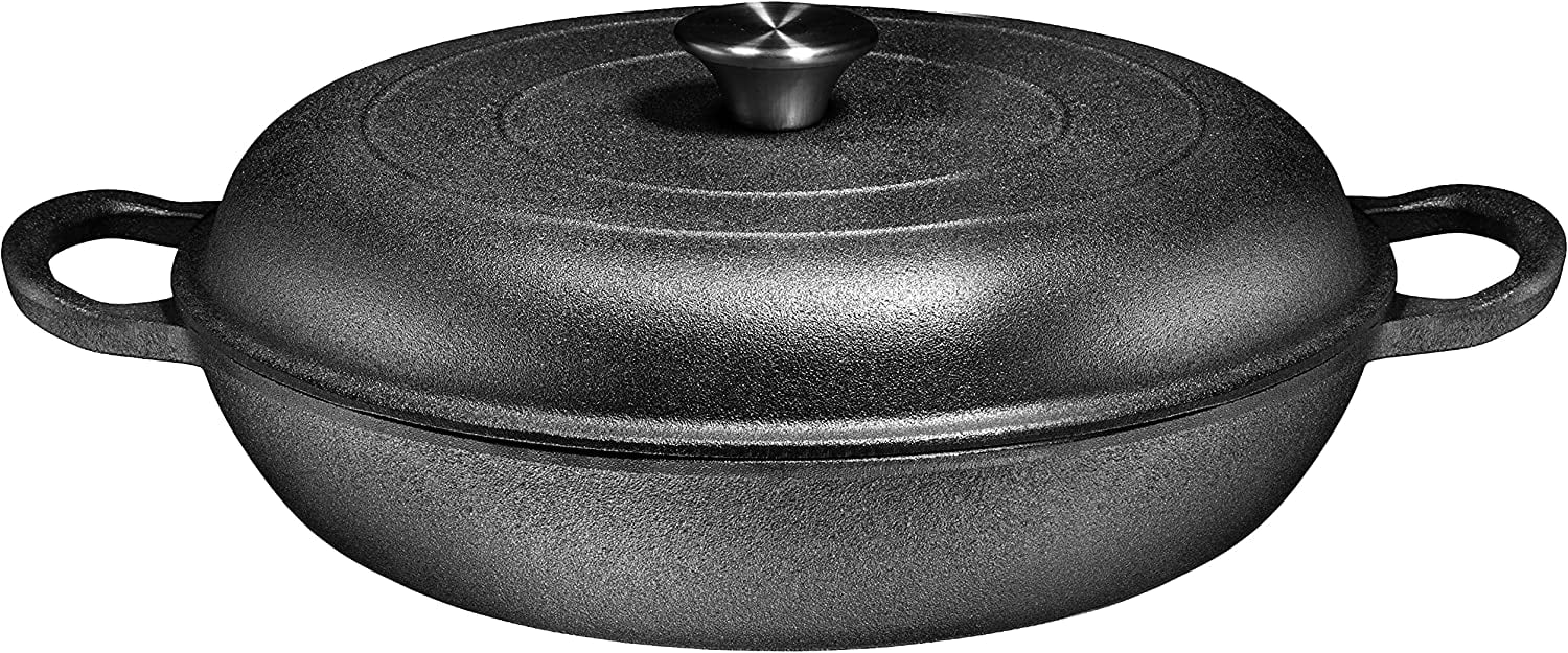 Bruntmor | Heavy Duty Pre-Seasoned Cast Iron Casserole Braiser - Pan With Cover
