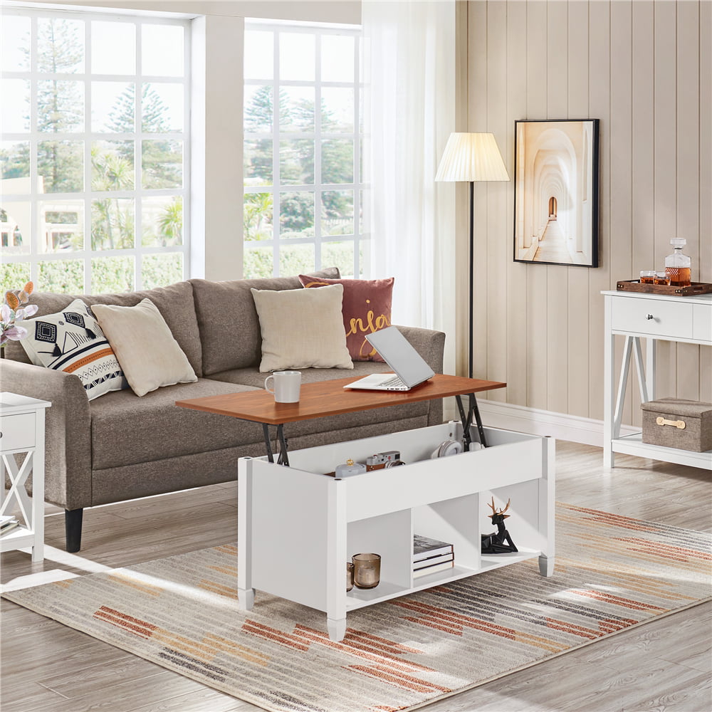 Alden Design 41″ Lift Top Coffee Table with 3 Storage Compartments. White/Oak
