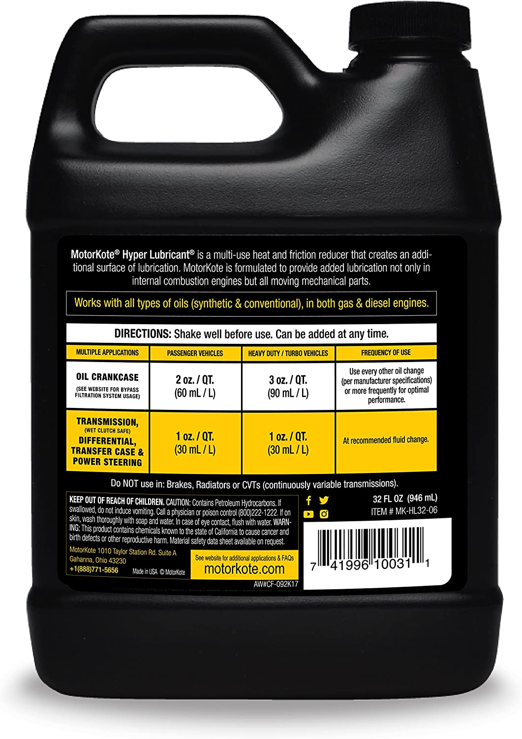 Motorkote MK-HL32-06 Heavy Duty Hyper Lubricant Engine Treatment. 32-Ounce. Single. Black