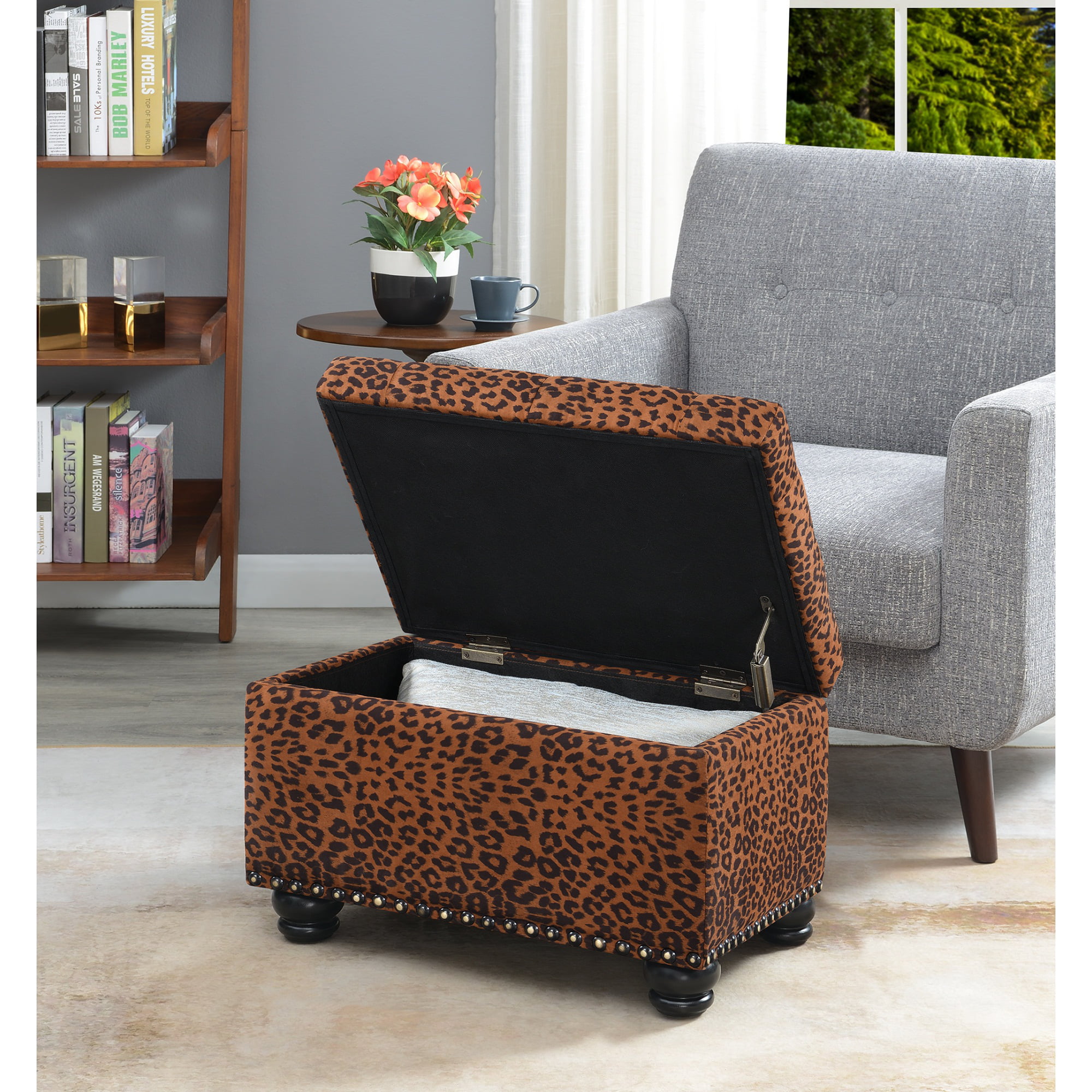 Convenience Concepts Designs4Comfort 5th Avenue Storage Ottoman. Forest Leopard Print Fabric
