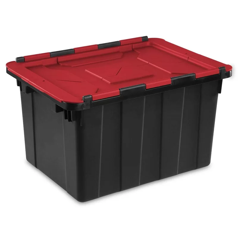 Sterilite 12 Gallon/45 Liter Hinged Lid Industrial Tote. Red Lid (12 Pack)