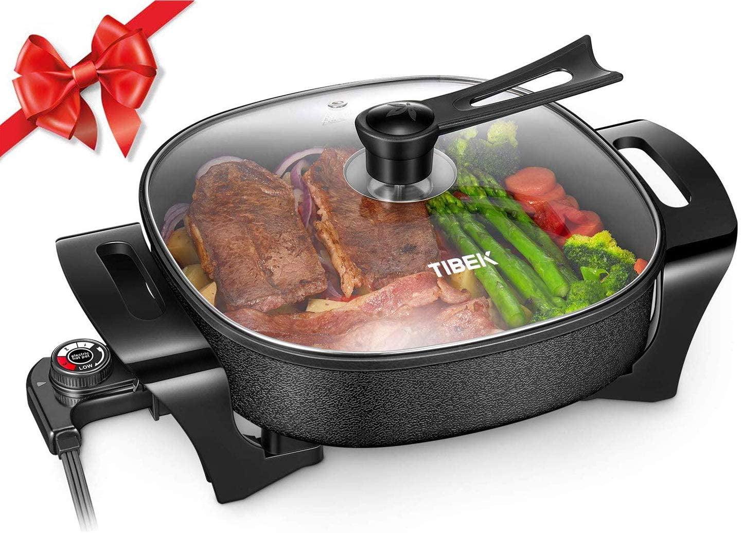 FOHERE Electric Skillet.12 Inch Deep Non Stick.Standable Glass Lid.3 Marked Heating Levels.1360W