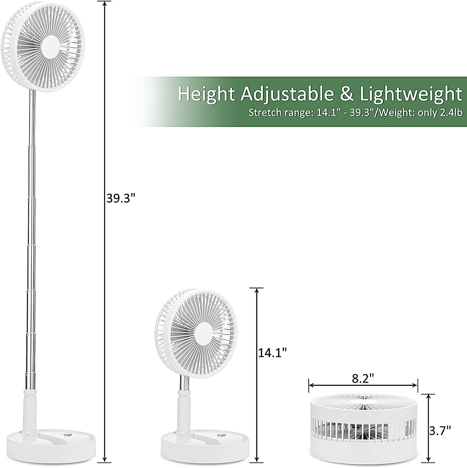 LIPETY Portable Standing Fan with Remote Controller. 7.5″ Foldable Desk Fan. 7200mah & USB Quiet Fan. Mini Floor Fan. Telescopic Pedestal Fans for Personal Bedroom Office Fishing Camping (White)