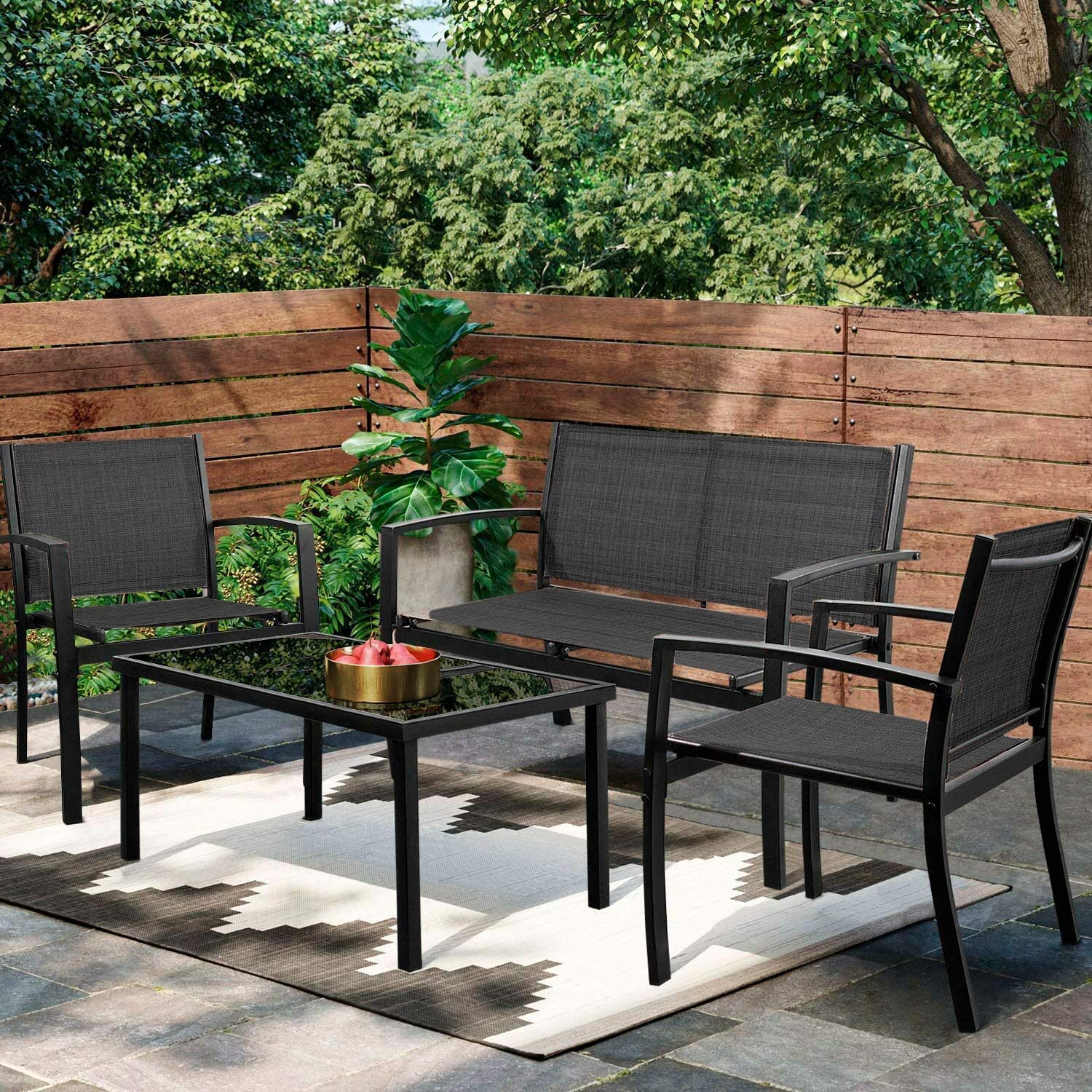 Greesum 4 Pieces Patio Furniture Set. Outdoor Conversation Sets for Patio. Lawn. Garden. Poolside with A Glass Coffee Table. Black