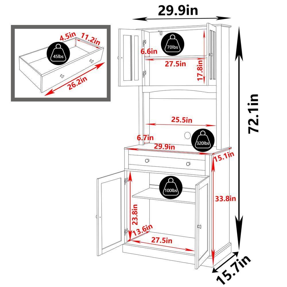 VEIKOUS  72 in. H White Kitchen Pantry Hutch Cabinet Storage with Buffet Cupboard. Microwave Stand and Adjustable Shelves