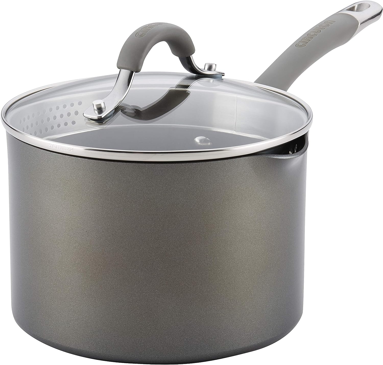 Circulon 84567 3-Qt.Covered Straining Pour Spouts Hard Anodized Aluminum Saucepan. 3 quart. Oyster Gray