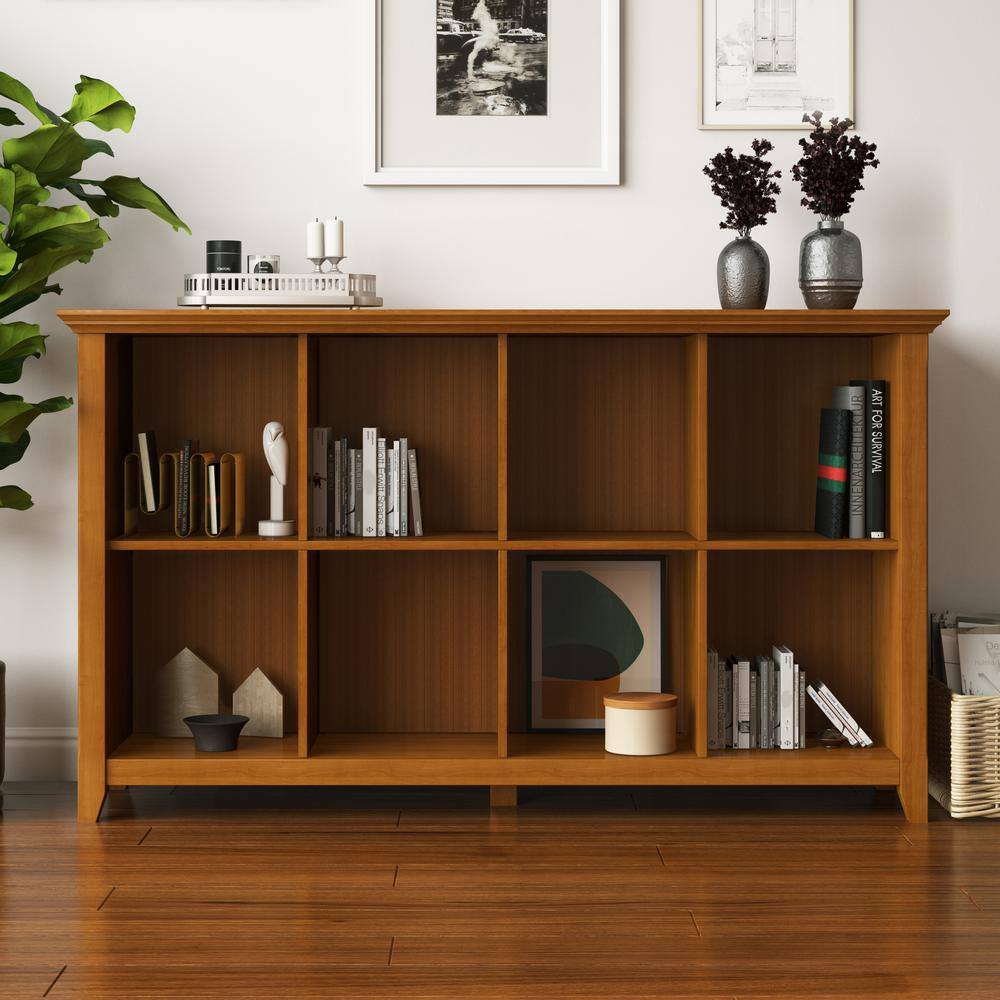 Simpli Home Acadian Solid Wood 57 in. Wide Transitional 8 Cube Storage Sofa Table in Light Golden Brown