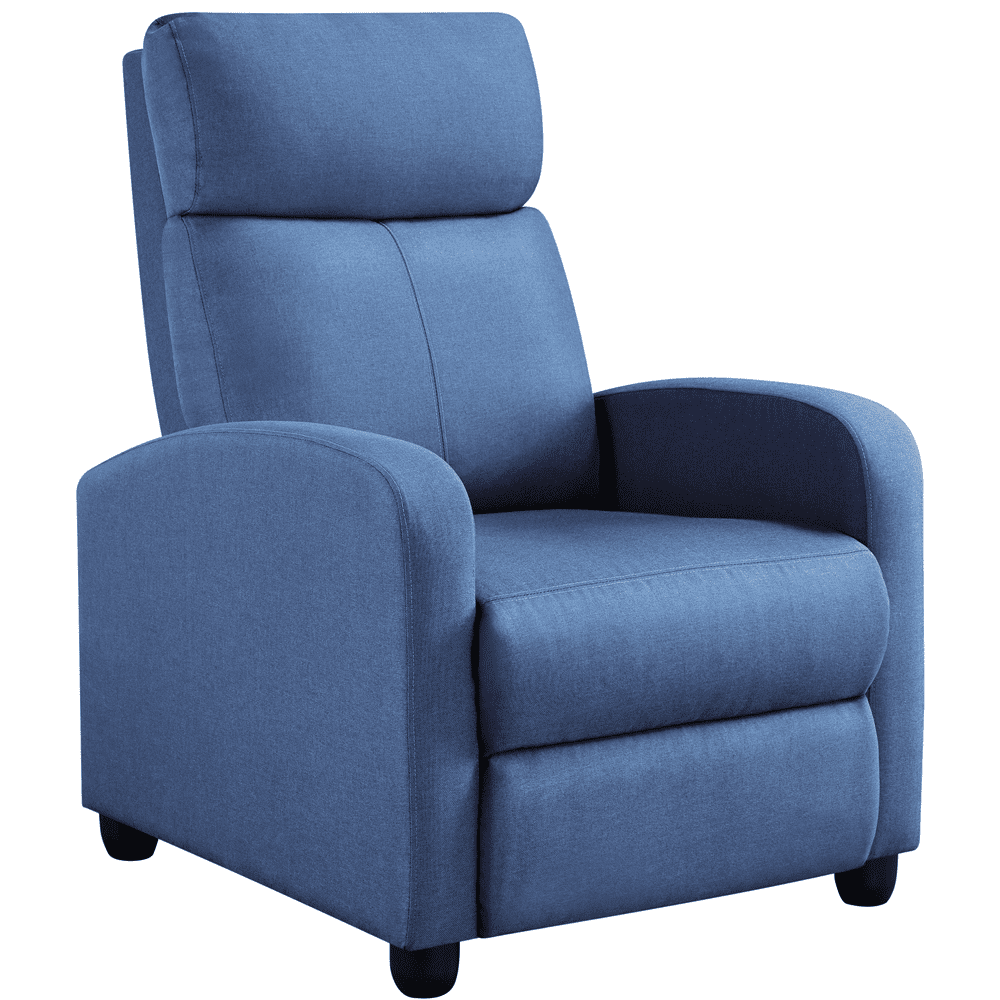 Easyfashion Fabric Push Back Theater Recliner Chair with Footrest. Light Blue