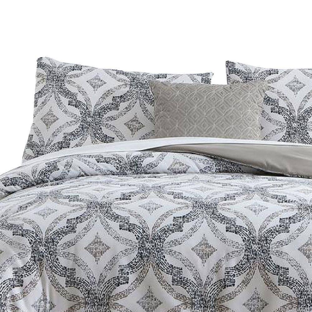Benjara  Owen 8- Piece White and Gray Quatrefoil Print Microfiber Queen Bed Comforter Set