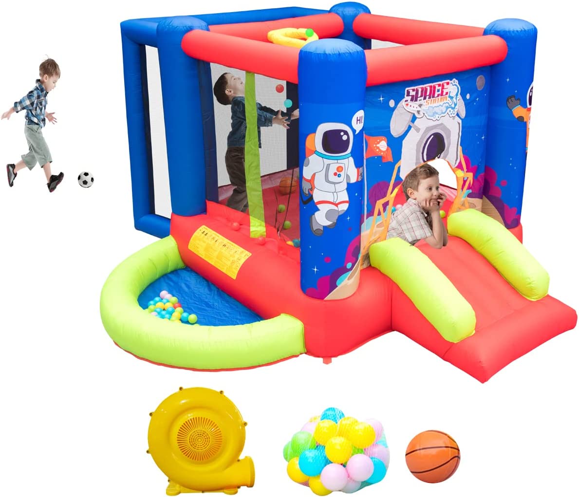 WELLFUNTIME Inflatable Bounce House with Slide. Jumping Castle with Blower for Kids Play House with Wave Pool