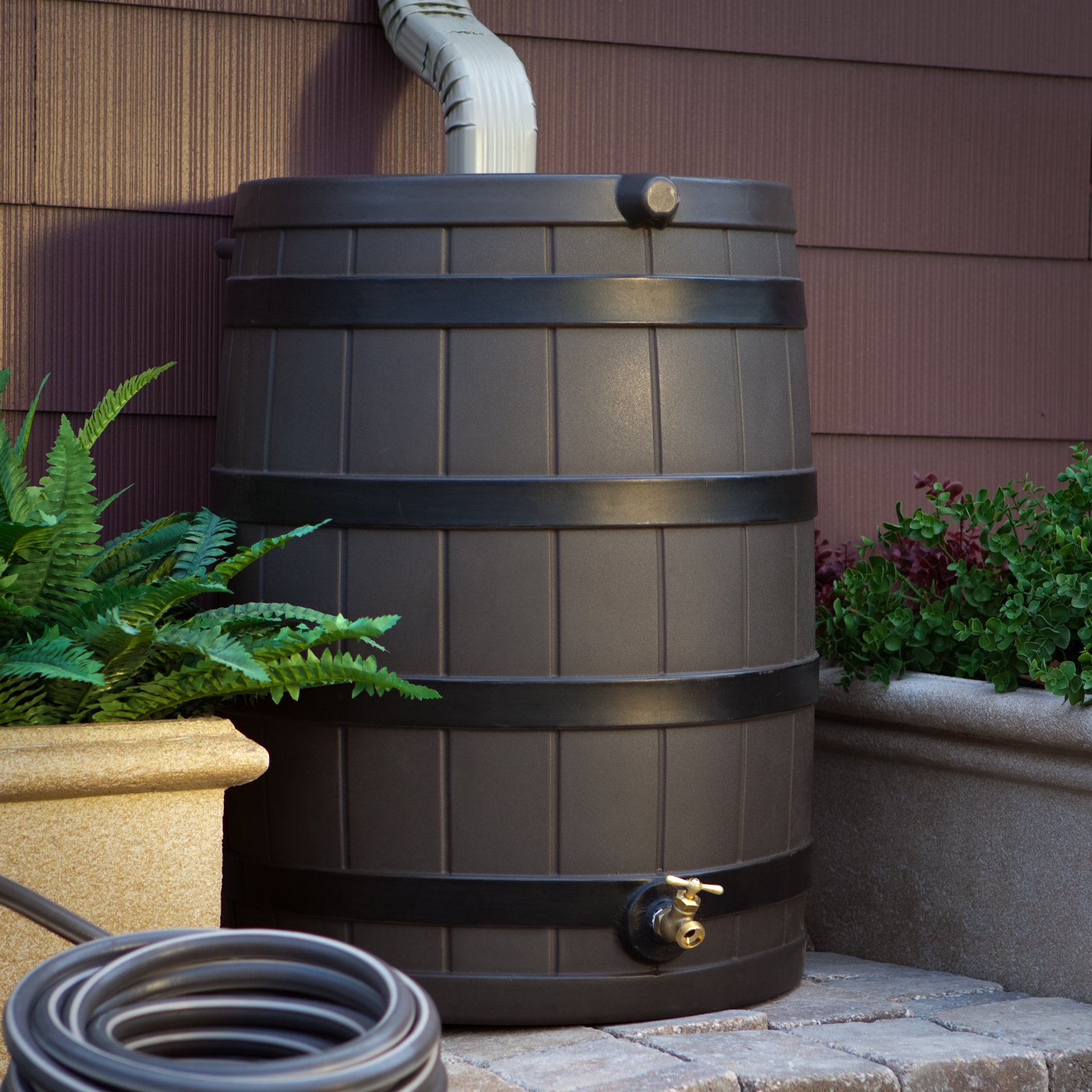 Good Ideas 40 Gallon Rain Wizard Darkened Rib Rain Barrel. Terra Cotta