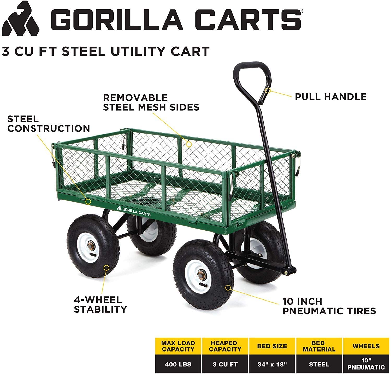 Gorilla Carts GOR400-COM Steel Garden Cart with Removable Sides. 400-lbs. Capacity. Green
