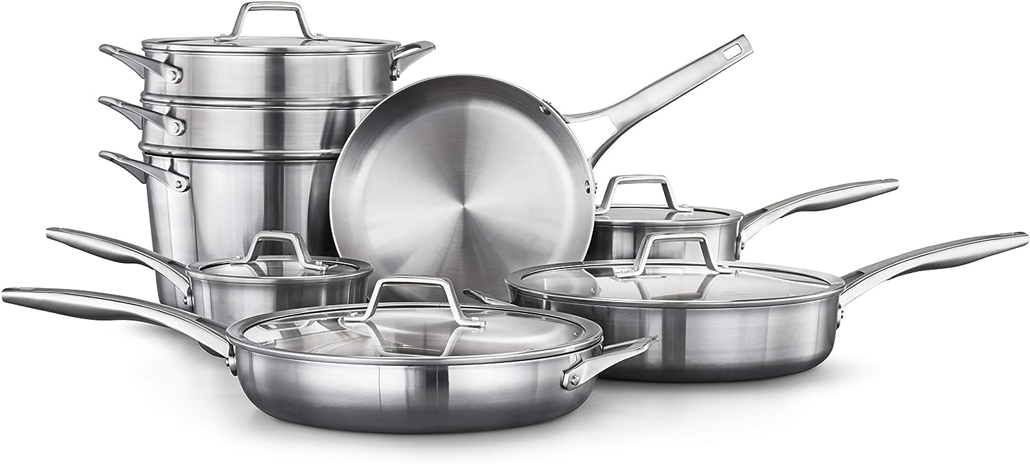 Calphalon 13-Piece Pots and Pans Set. Stainless Steel Kitchen Cookware with Stay-Cool Handles and Steamer Insert. Dishwasher Safe. Silver