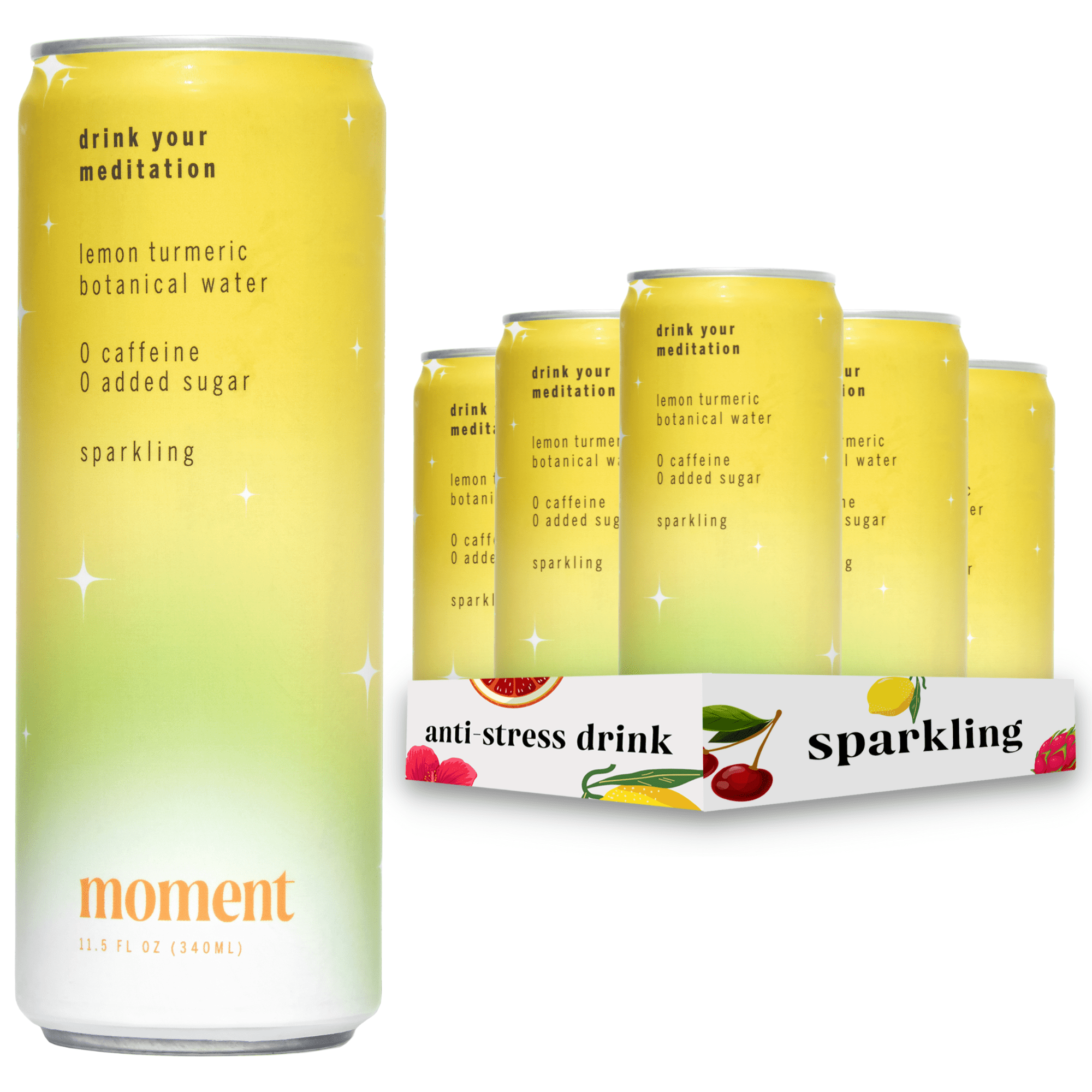 Moment Botanical Water. Lemon Turmeric. Sparkling. Zero Added Sugar. 12 Pack. 11.5 fl oz