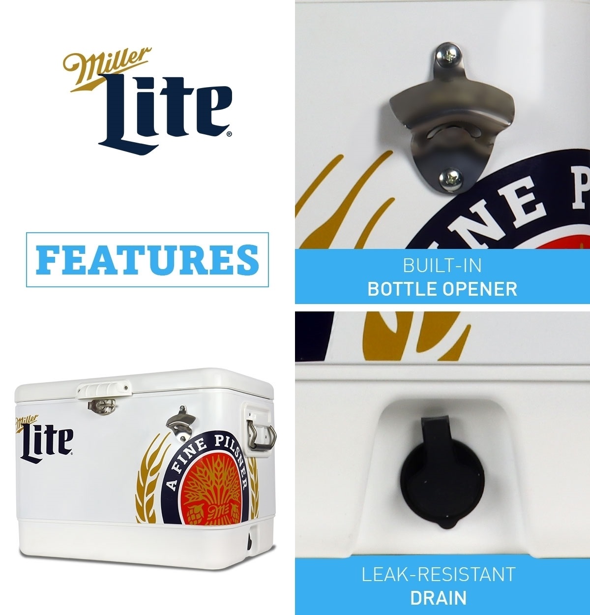 Miller Lite 85 Cans Ice Chest Cooler with Bottle Opener. 51L (54 Qt). White
