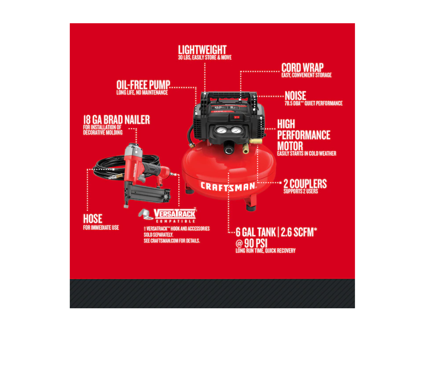 CRAFTSMAN CMEC1KIT18 6-Gallon Single Stage Portable Corded Electric Pancake Air Compressor with Accessories (1-Tool Included)