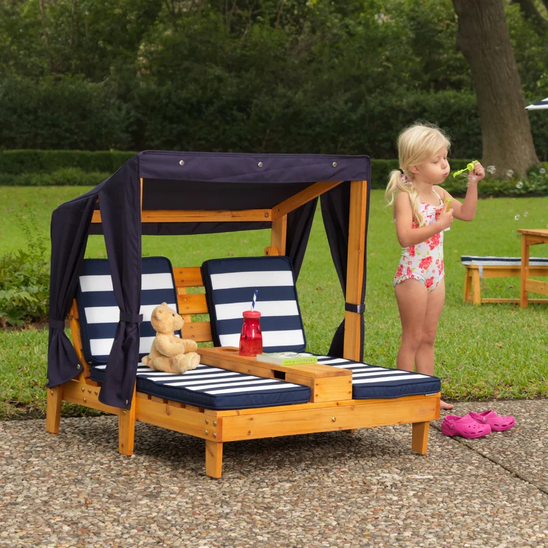 KidKraft Wooden Outdoor Double Chaise Lounge with Cup Holders. Kid-s Patio Furniture. Honey with Navy and White Striped Fabric. Gift for Ages 3-8
