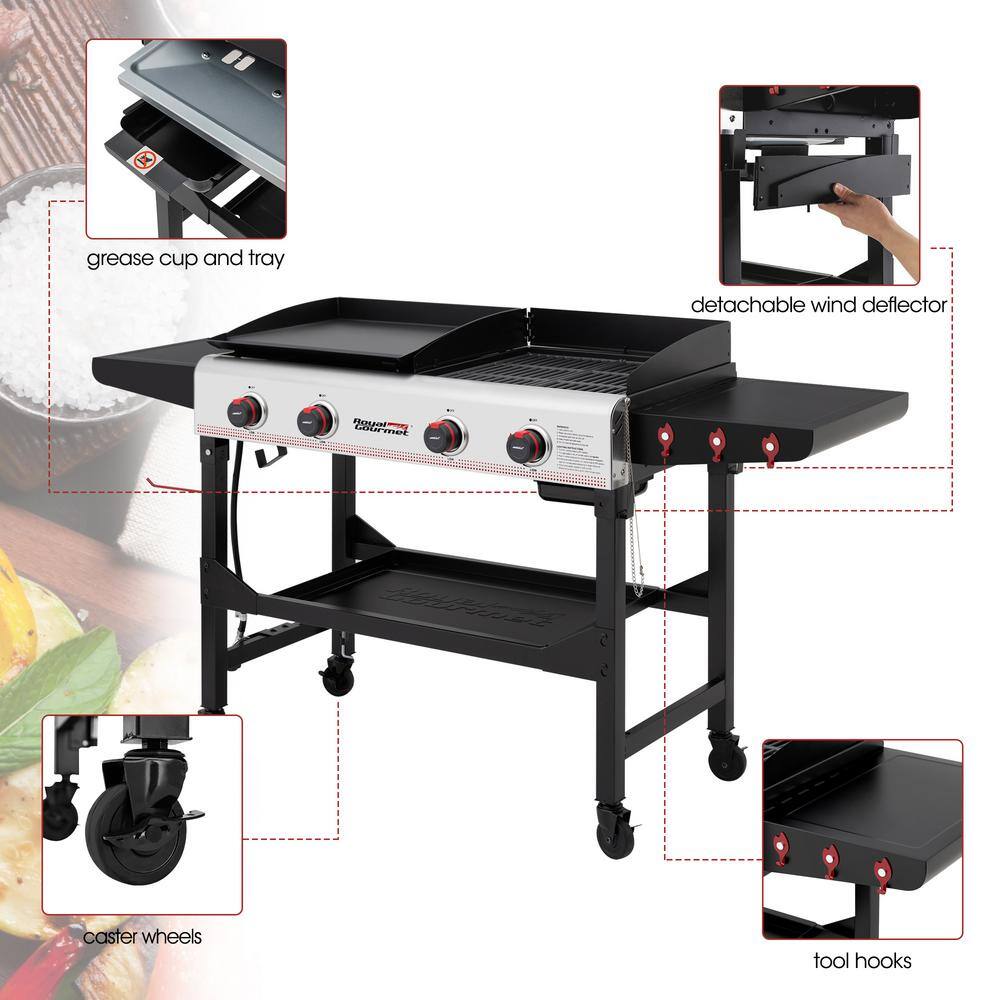 Royal Gourmet GD403 4-Burner 48.000 BTU Portable Flat Top Gas Grill and Griddle Combo Grill in Black with Folding Legs for Outdoor Cooking