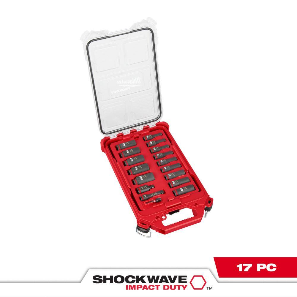 Milwaukee 49-66-6800 SHOCKWAVE Impact-Duty 3/8 in. Drive SAE Deep Well Impact PACKOUT Socket Set (17-Piece)