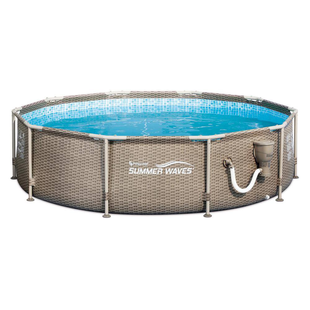 Summer Waves P20010305 10 ft. x 30 in. Round Framed Swimming Pool with Exterior Wicker Print. Tan