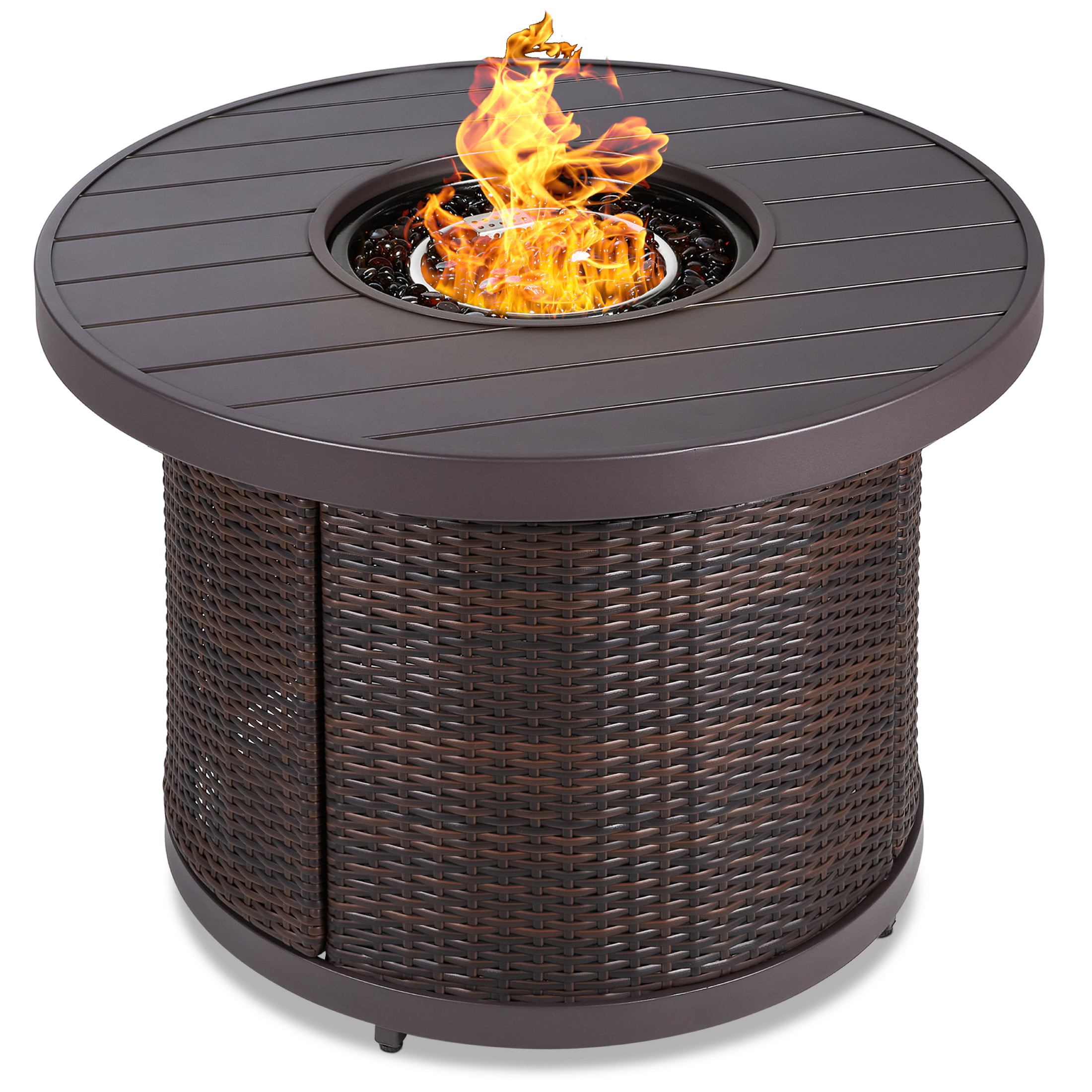 Best Choice Products 32in Round Gas Fire Pit Table. 50.000 BTU Outdoor Wicker Patio Propane Firepit w/ Cover - Brown