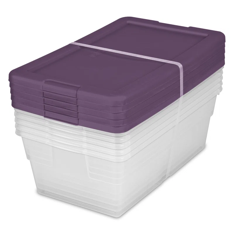 Sterilite Stackable 6 Qt Storage Box Container. Clear. Purple Lid (90 Pack)