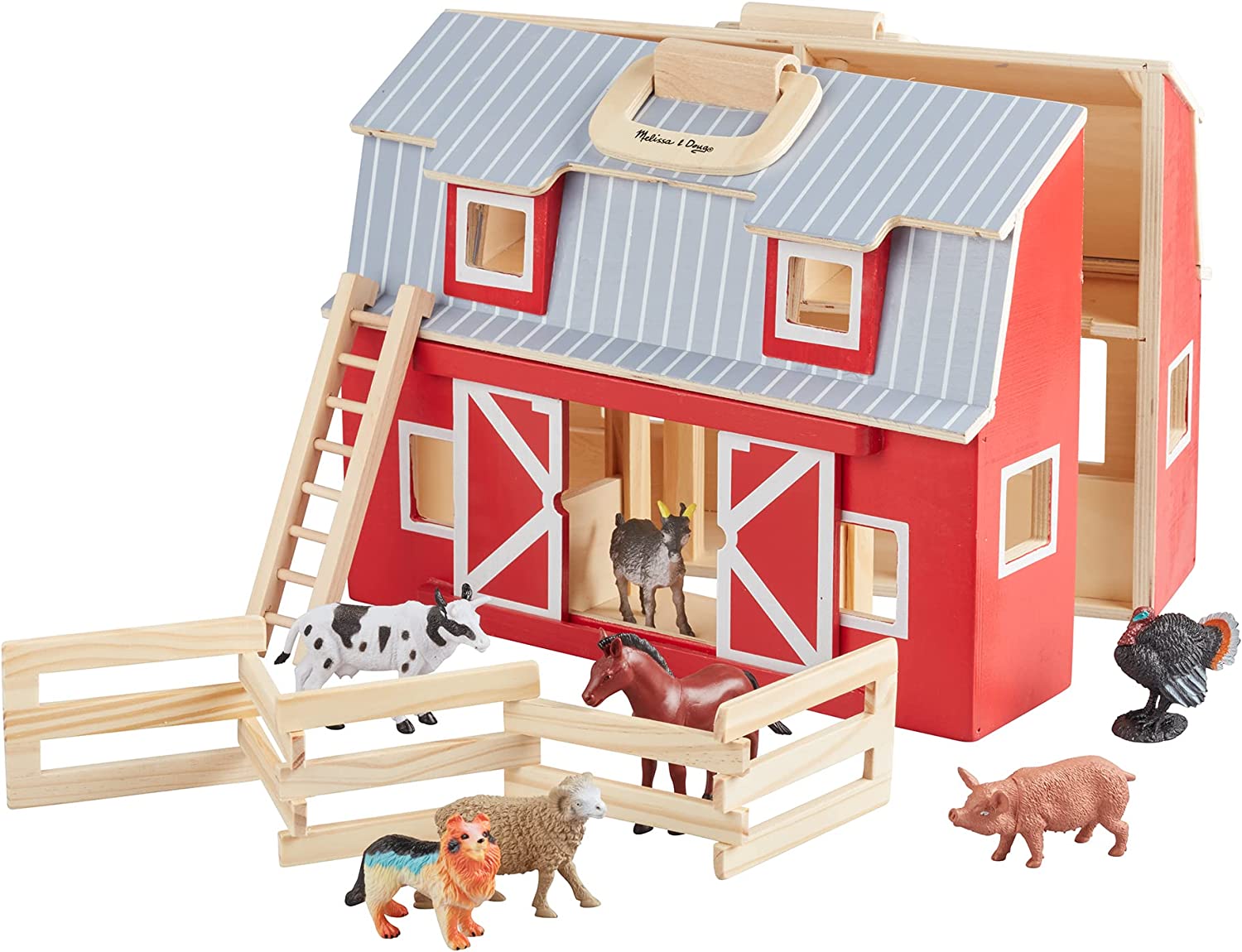 Melissa & Doug Fold and Go Wooden Barn With 7 Animal Play Figures