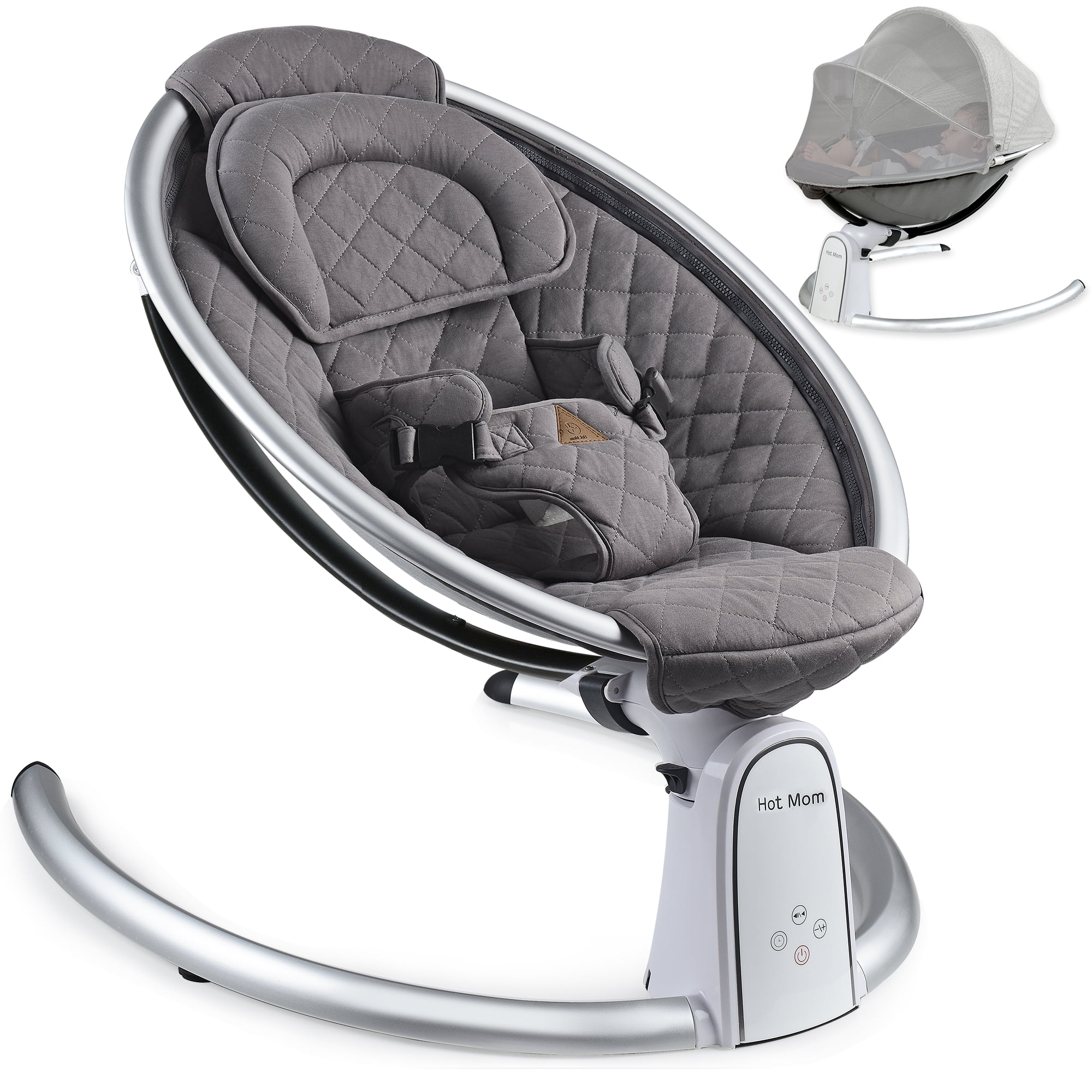 Hot Mom Electric Baby Bouncer. Bluetooth Baby Rocker with Intelligence Timing. Adjustable Seat for 0-12 Months. Dark Grey